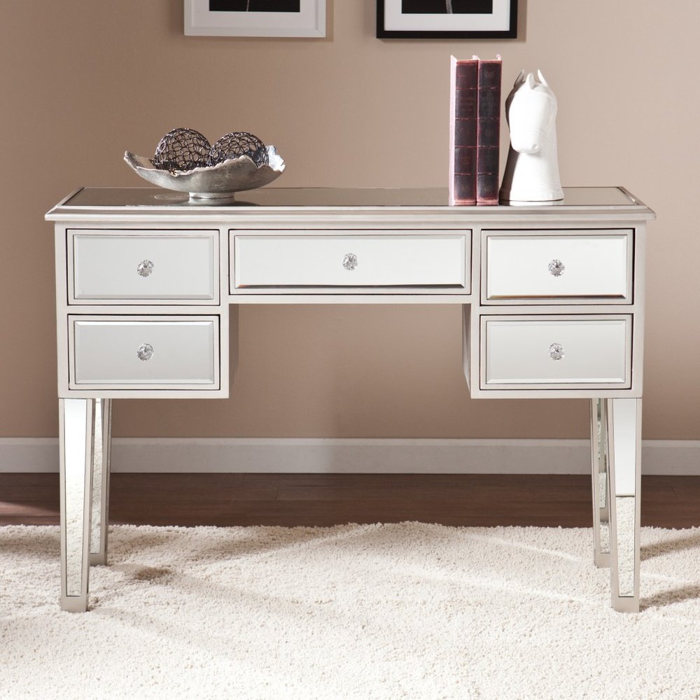 43" Silver Mirrored Glass and Solid Wood Console Table With Five Drawers HomeRoots