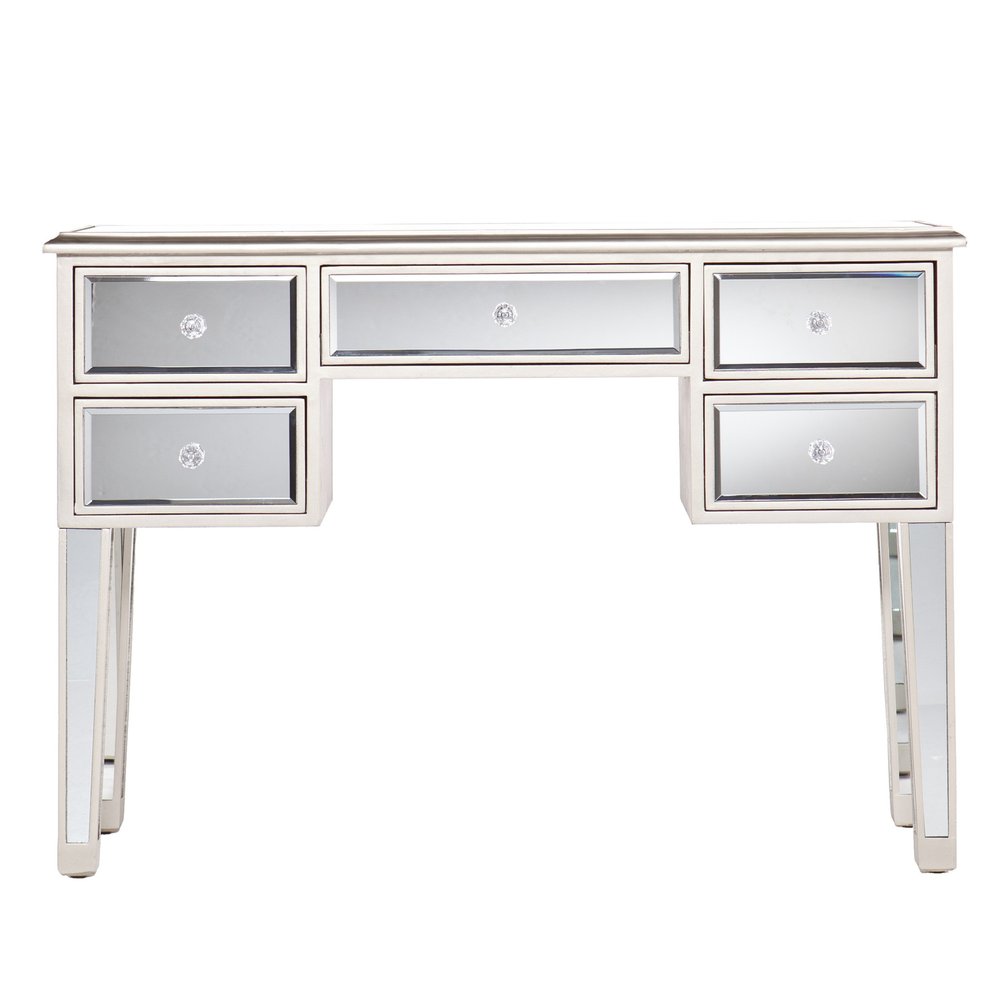 43" Silver Mirrored Glass and Solid Wood Console Table With Five Drawers HomeRoots
