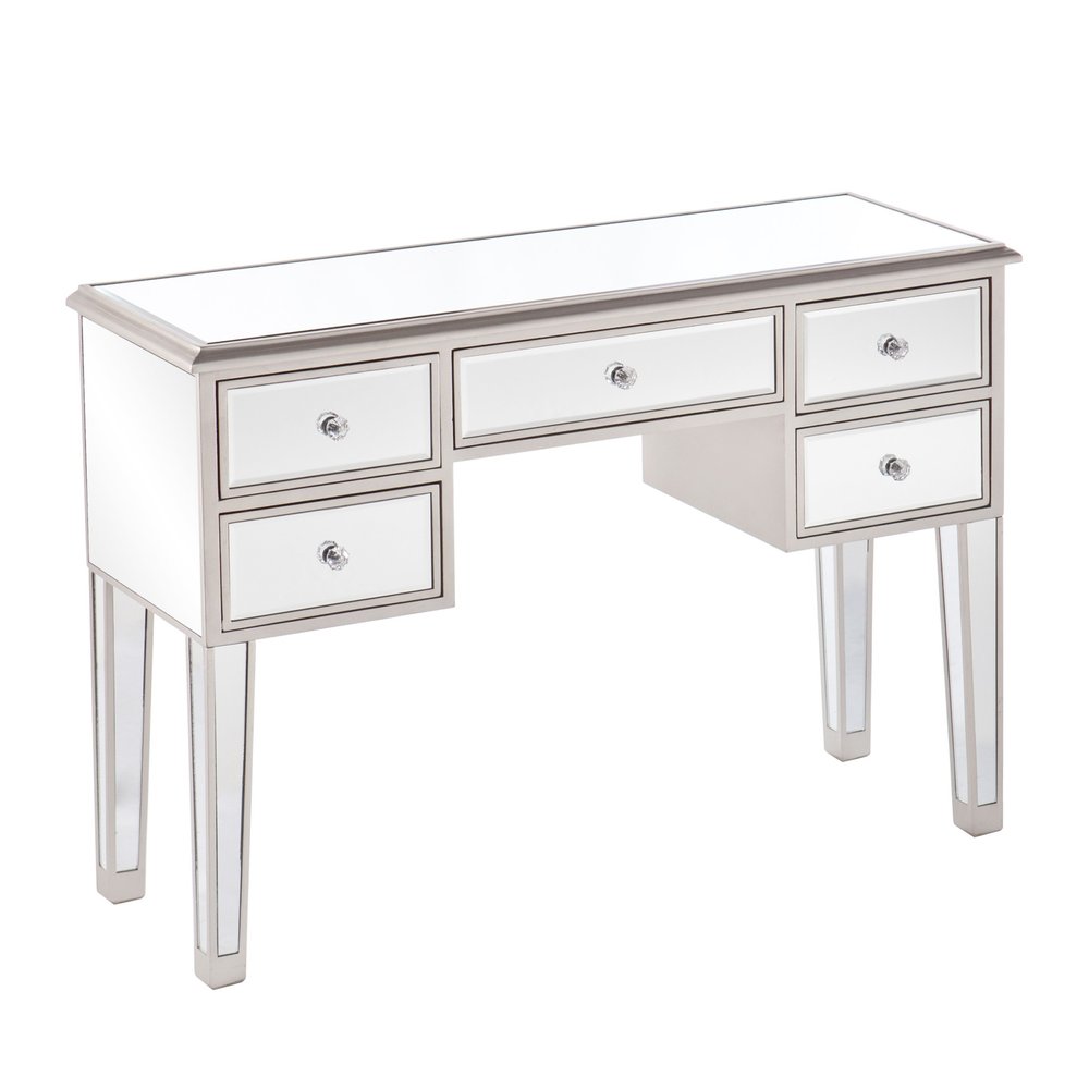 43" Silver Mirrored Glass and Solid Wood Console Table With Five Drawers HomeRoots