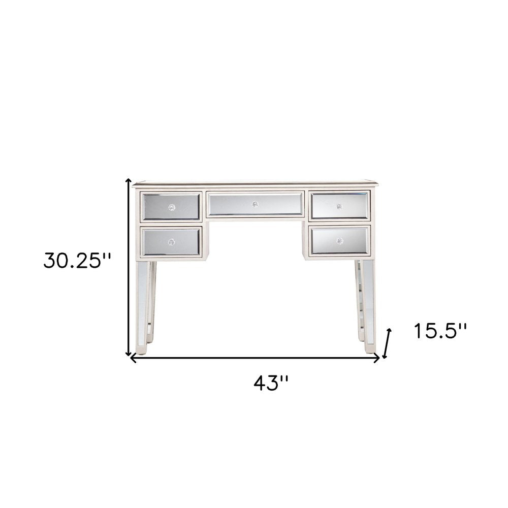 43" Silver Mirrored Glass and Solid Wood Console Table With Five Drawers HomeRoots