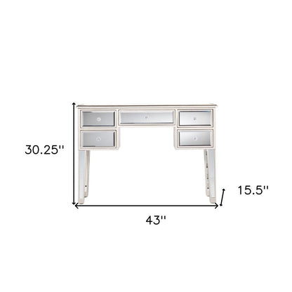 43" Silver Mirrored Glass and Solid Wood Console Table With Five Drawers HomeRoots
