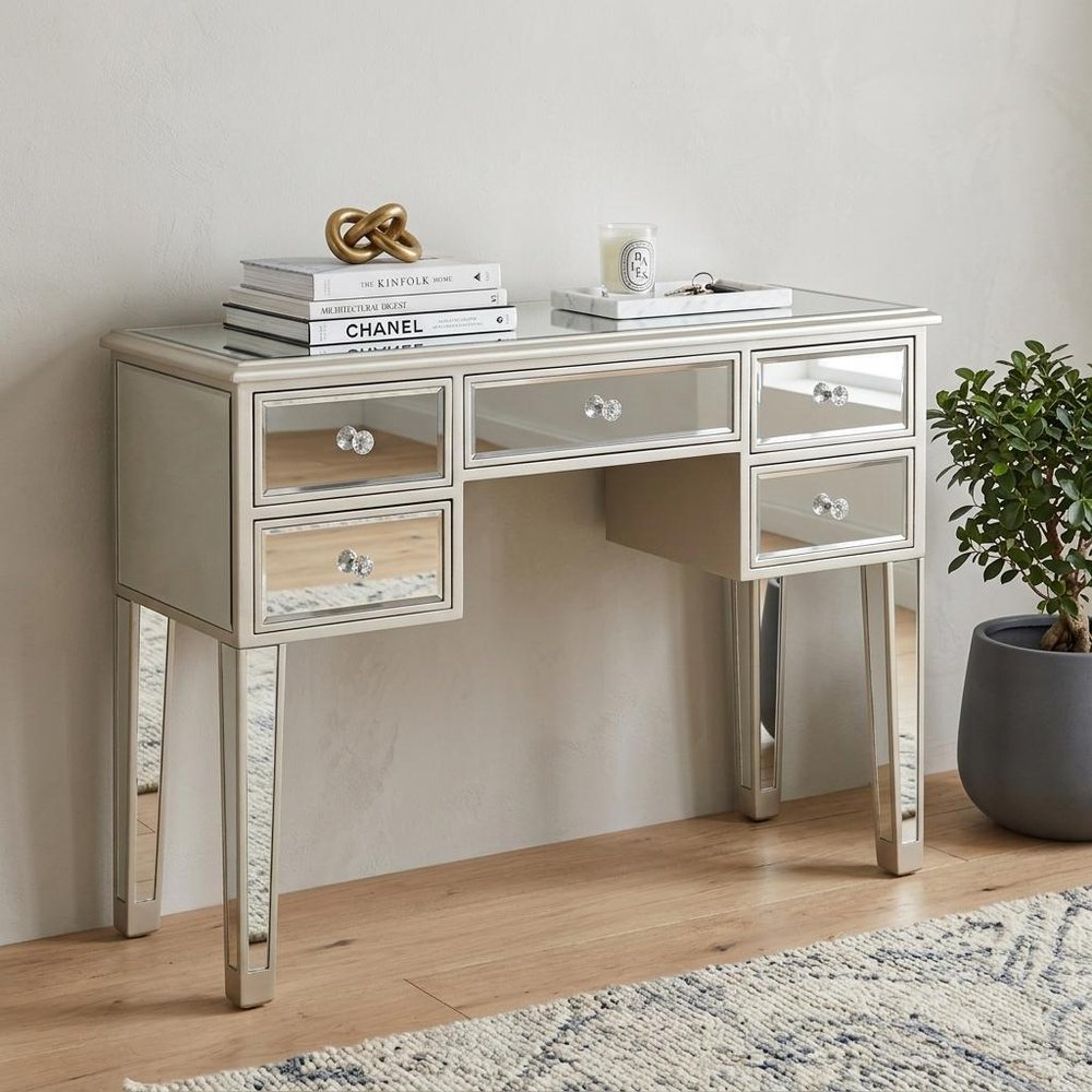 43" Silver Mirrored Glass and Solid Wood Console Table With Five Drawers HomeRoots
