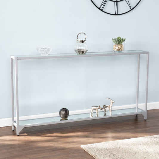 56" Clear and Silver Glass Mirrored Floor Shelf Console Table With Storage