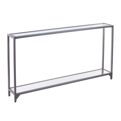 56" Clear and Silver Glass Mirrored Floor Shelf Console Table With Storage HomeRoots