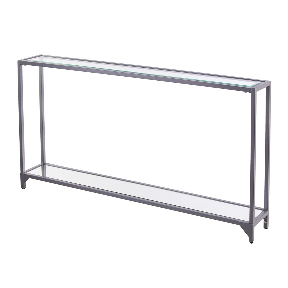 56" Clear and Silver Glass Mirrored Floor Shelf Console Table With Storage HomeRoots