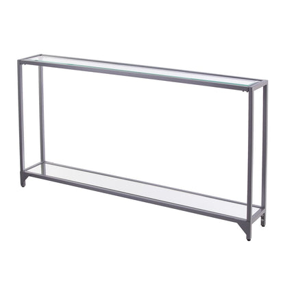 56" Clear and Silver Glass Mirrored Floor Shelf Console Table With Storage HomeRoots