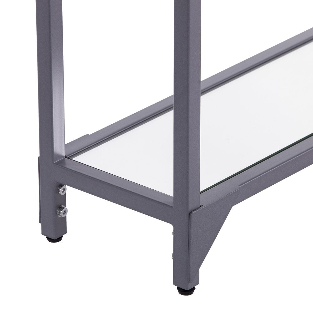 56" Clear and Silver Glass Mirrored Floor Shelf Console Table With Storage — view 7