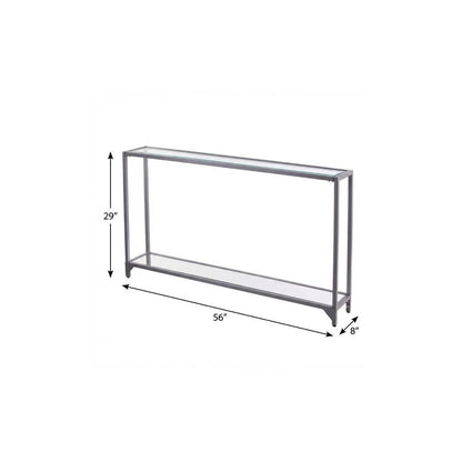 56" Clear and Silver Glass Mirrored Floor Shelf Console Table With Storage HomeRoots