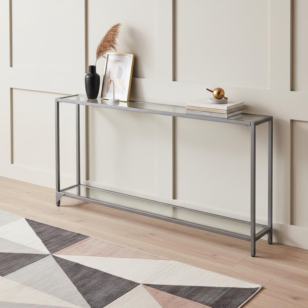 56" Clear and Silver Glass Mirrored Floor Shelf Console Table With Storage HomeRoots