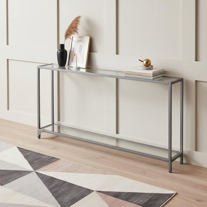 56" Clear and Silver Glass Mirrored Floor Shelf Console Table With Storage