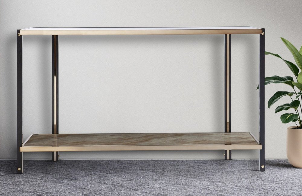 50" Smoky Black and Champagne Mirrored Glass Console Table With Shelf HomeRoots