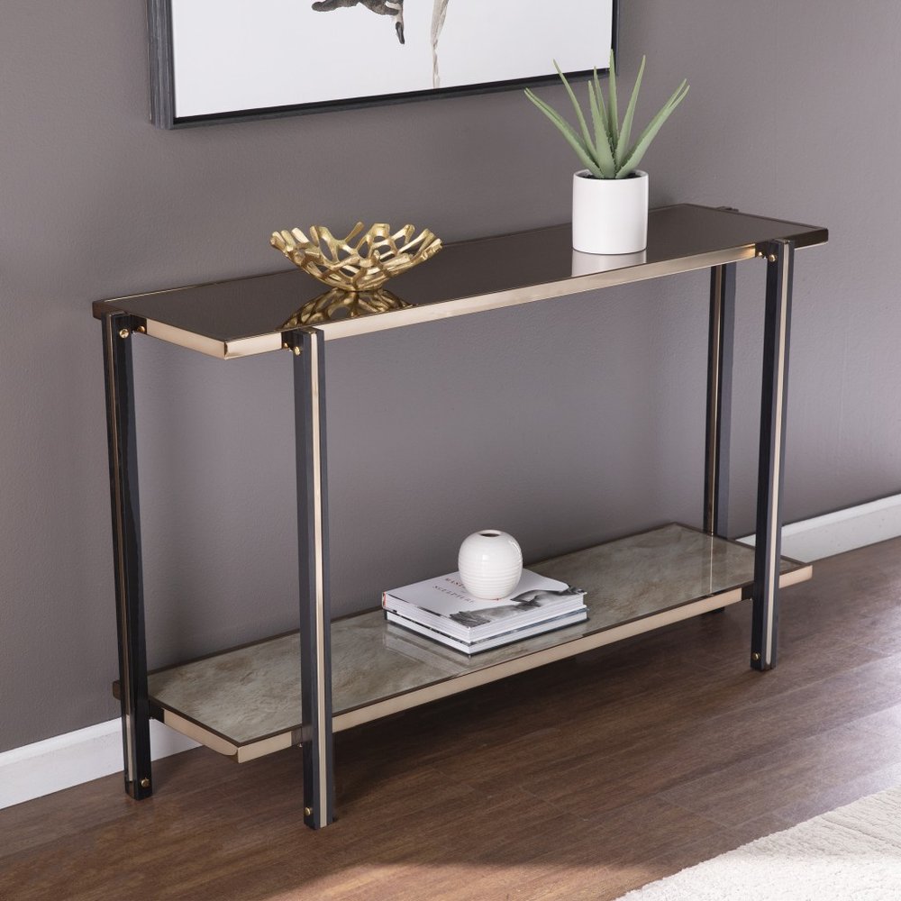 50" Smoky Black and Champagne Mirrored Glass Console Table With Shelf HomeRoots