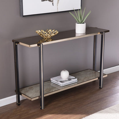 50" Smoky Black and Champagne Mirrored Glass Console Table With Shelf HomeRoots