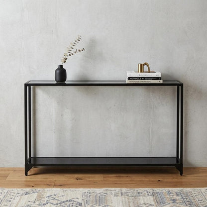 56" Clear and Black Glass Frame Console Table With Shelves HomeRoots