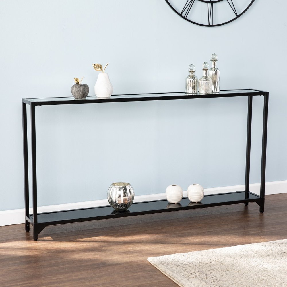 56" Clear and Black Glass Frame Console Table With Shelves HomeRoots