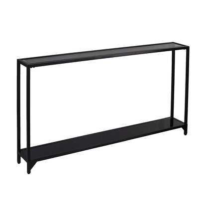 56" Clear and Black Glass Frame Console Table With Shelves HomeRoots