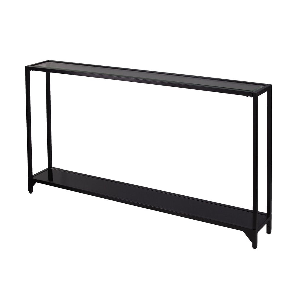 56" Clear and Black Glass Frame Console Table With Shelves — view 5