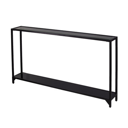 56" Clear and Black Glass Frame Console Table With Shelves HomeRoots