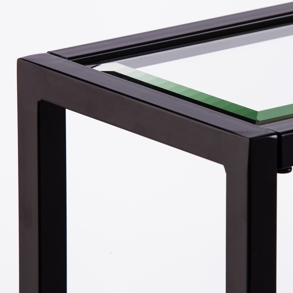56" Clear and Black Glass Frame Console Table With Shelves HomeRoots