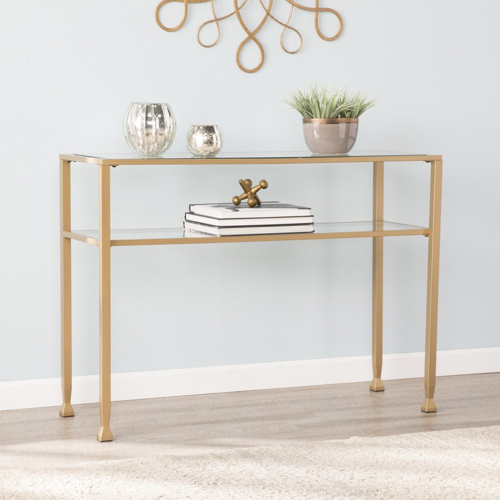 43" Clear and Gold Glass Console Table With Shelves HomeRoots
