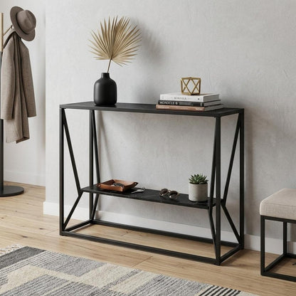 42" Black Glass and Metal A Frame Console Table With Shelf HomeRoots
