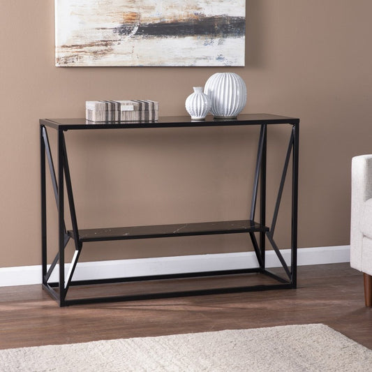 42" Black Glass and Metal A Frame Console Table With Shelf HomeRoots