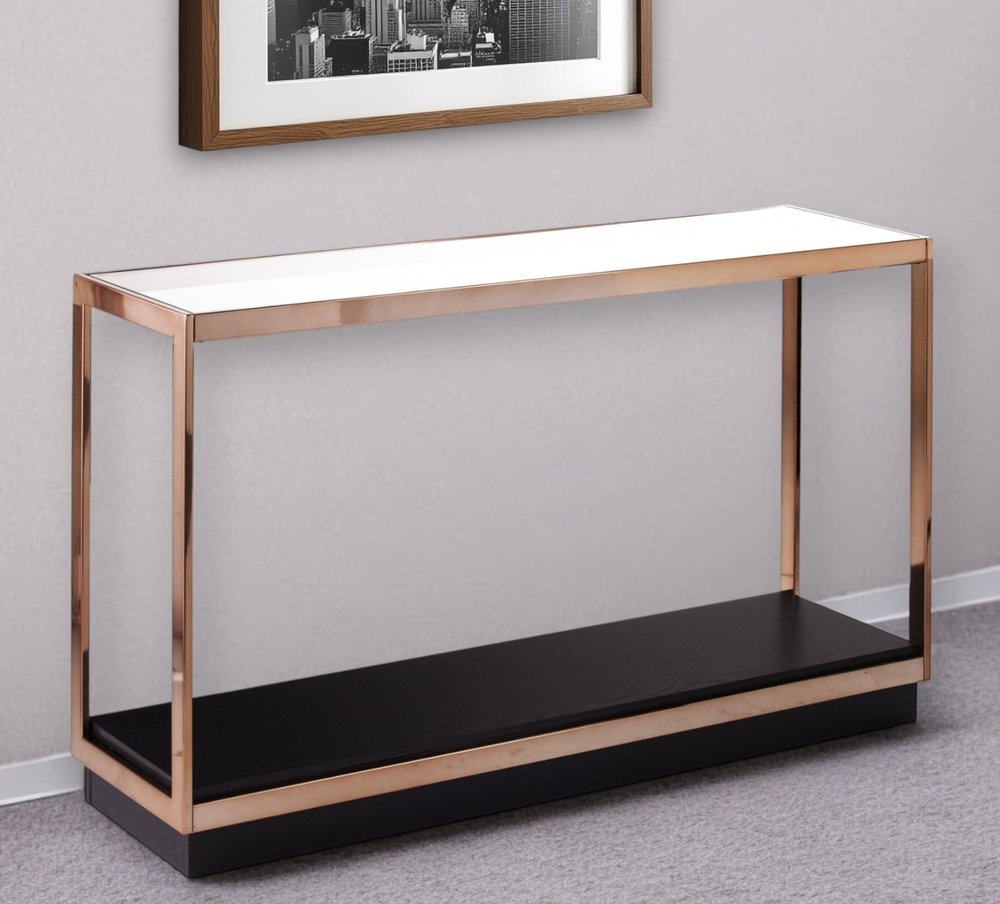 48" Clear Black and Champagne Glass Floor Shelf Console Table With Shelf HomeRoots