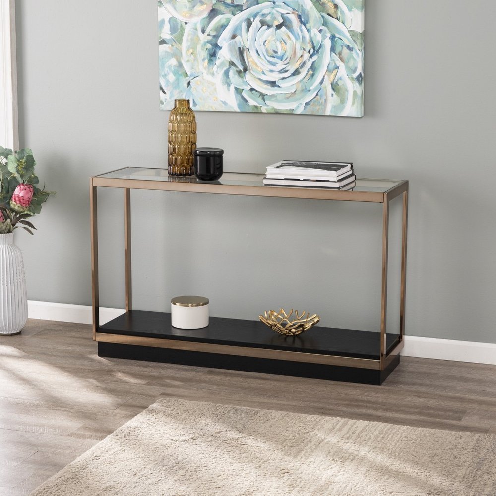 48" Clear Black and Champagne Glass Floor Shelf Console Table With Shelf HomeRoots