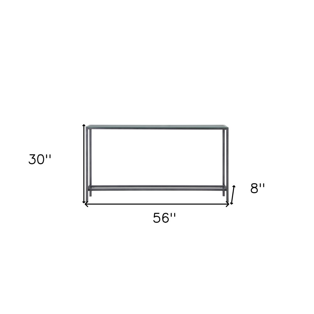 56" Silver and Gunmetal Mirrored Glass and Metal Console Table