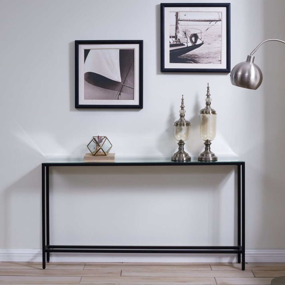 56" Silver and Gunmetal Mirrored Glass and Metal Console Table HomeRoots