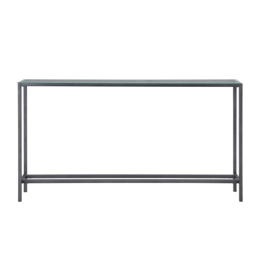 56" Silver and Gunmetal Mirrored Glass and Metal Console Table HomeRoots