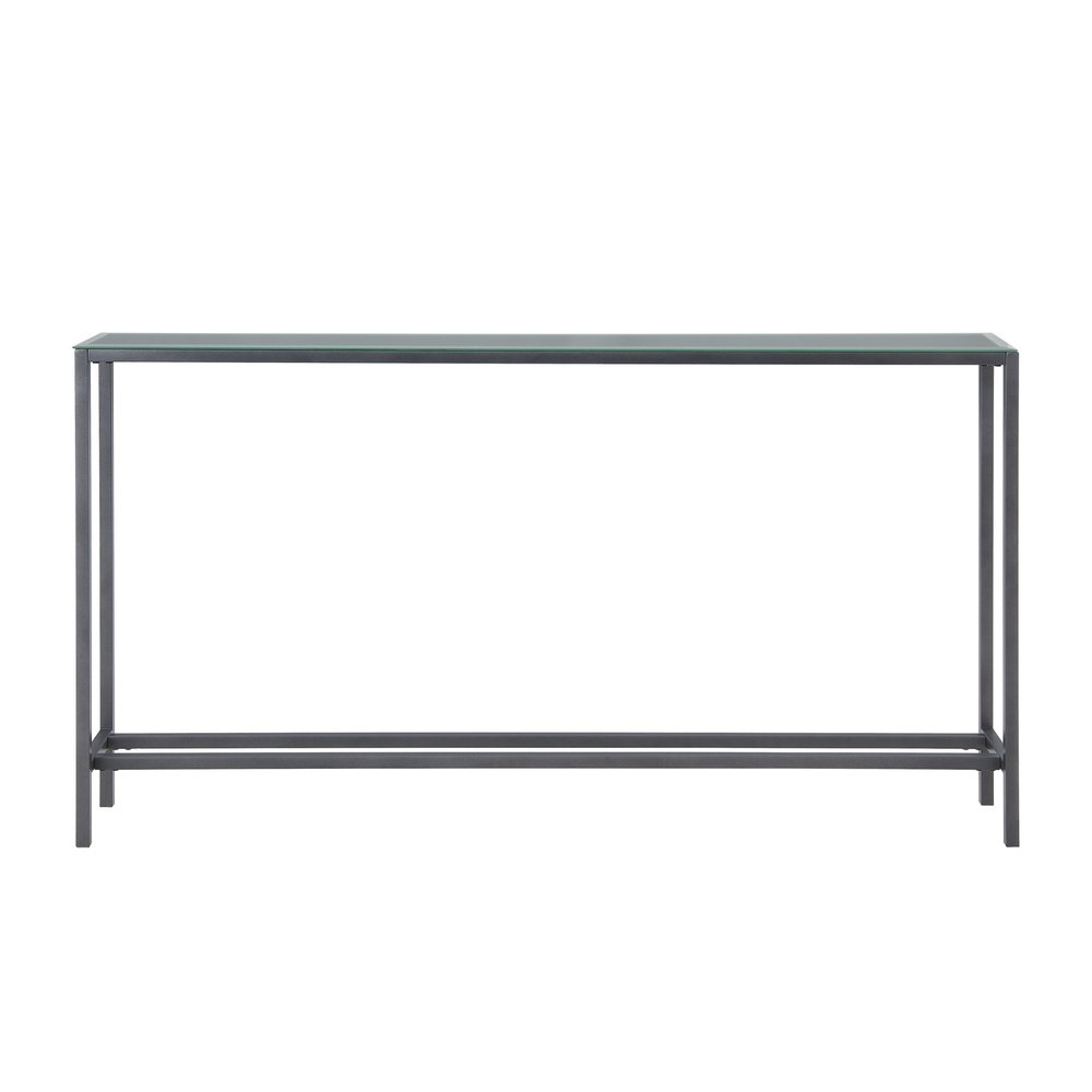 56" Silver and Gunmetal Mirrored Glass and Metal Console Table HomeRoots