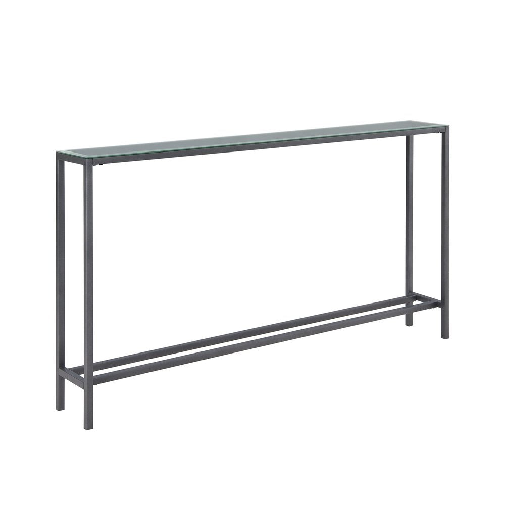 56" Silver and Gunmetal Mirrored Glass and Metal Console Table HomeRoots