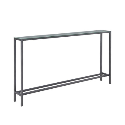 56" Silver and Gunmetal Mirrored Glass and Metal Console Table HomeRoots
