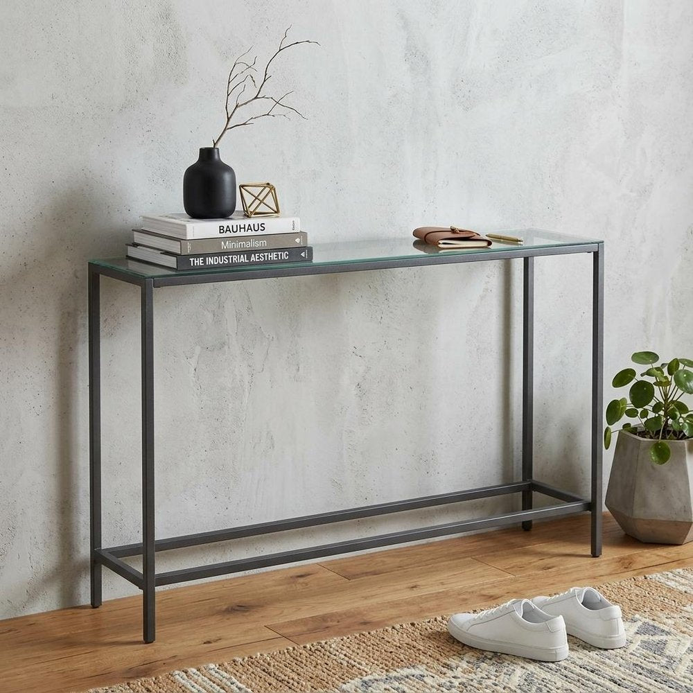 56" Silver and Gunmetal Mirrored Glass and Metal Console Table HomeRoots