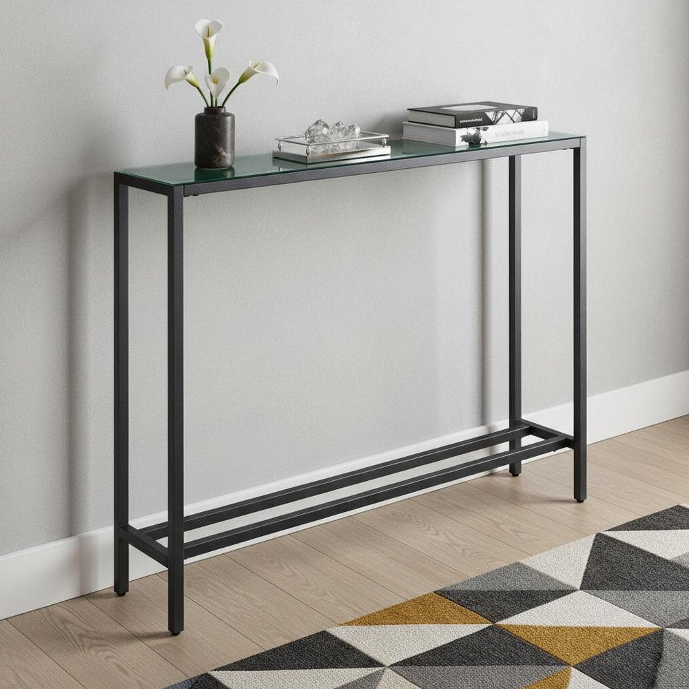 36" Black and Gunmetal Mirrored Glass Console Table HomeRoots
