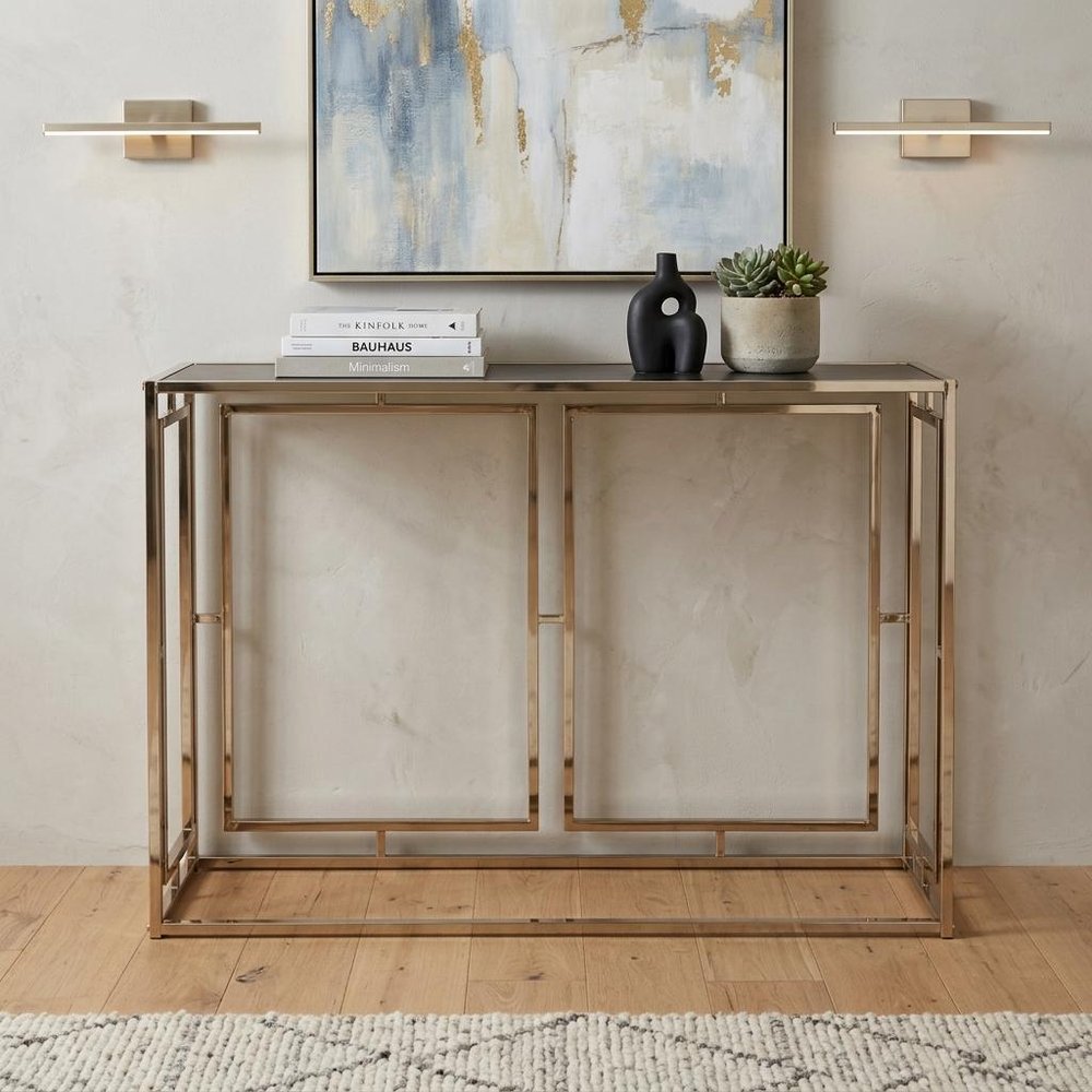 44" Champagne and Gold Faux Marble and Metal Frame Console Table HomeRoots