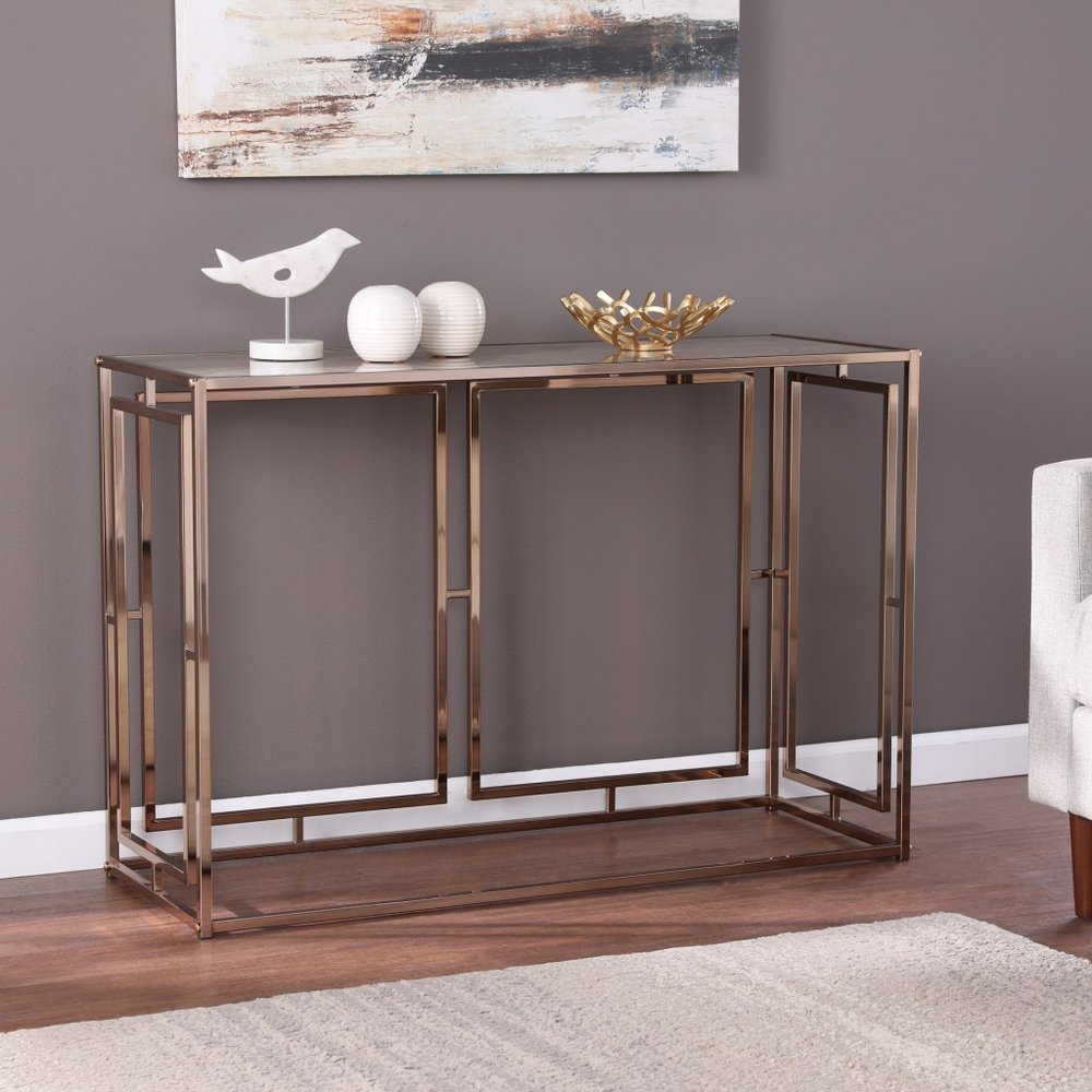44" Champagne and Gold Faux Marble and Metal Frame Console Table HomeRoots