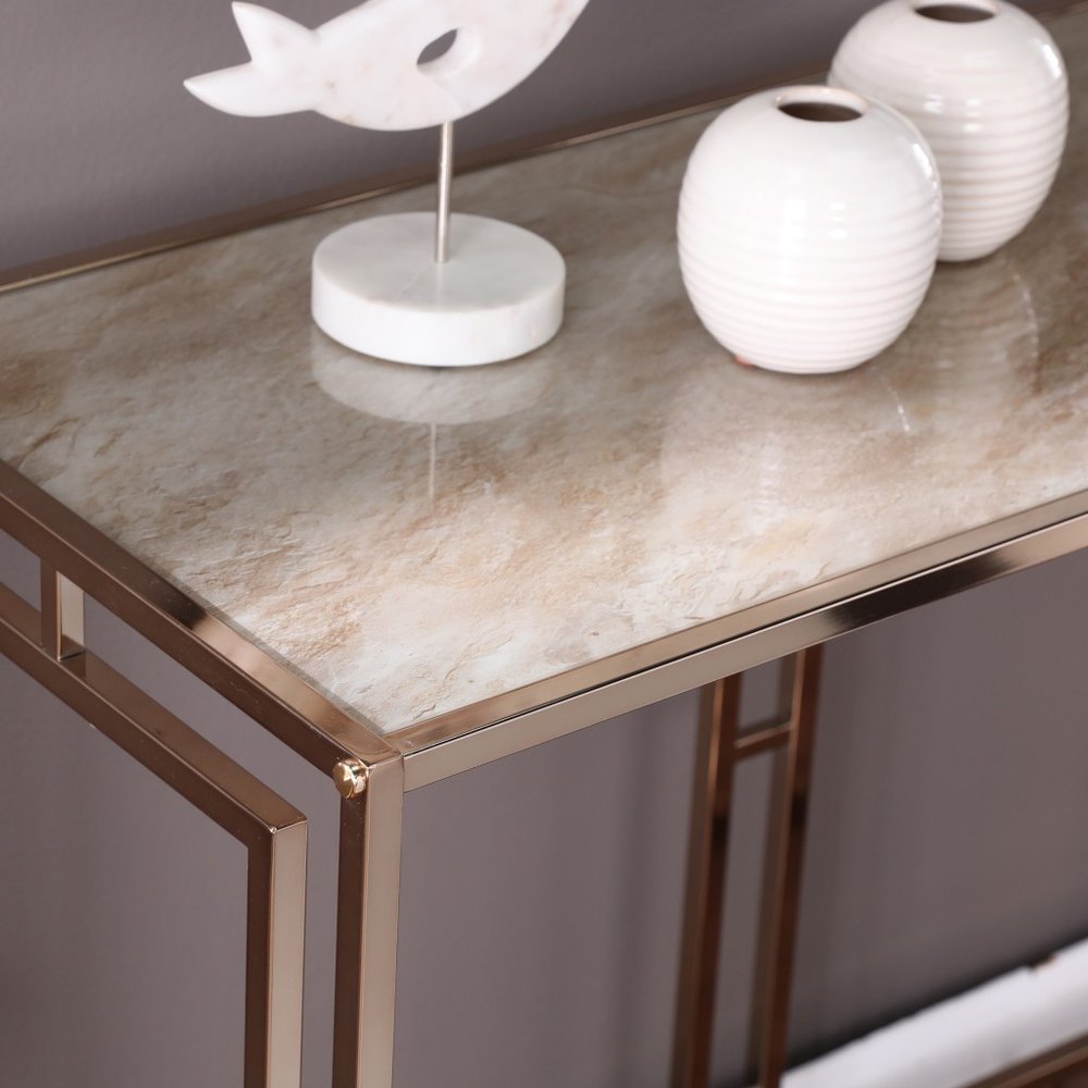 44" Champagne and Gold Faux Marble and Metal Frame Console Table HomeRoots