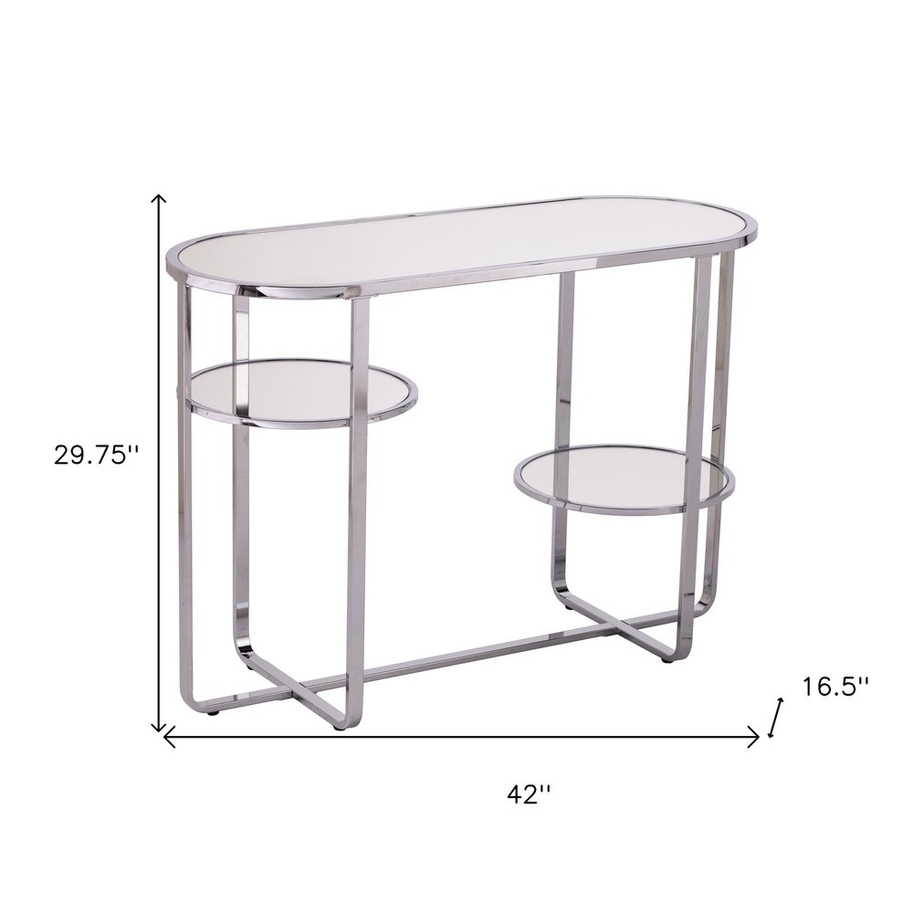 42" Silver Mirrored Glass and Iron Oval Cross Leg Console Table With Two Shelves HomeRoots