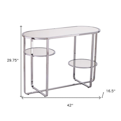 42" Silver Mirrored Glass and Iron Oval Cross Leg Console Table With Two Shelves HomeRoots