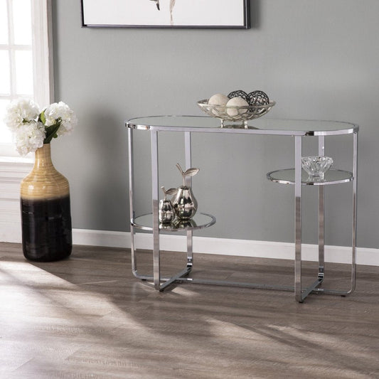 42" Silver Mirrored Glass and Iron Oval Cross Leg Console Table With Two Shelves HomeRoots