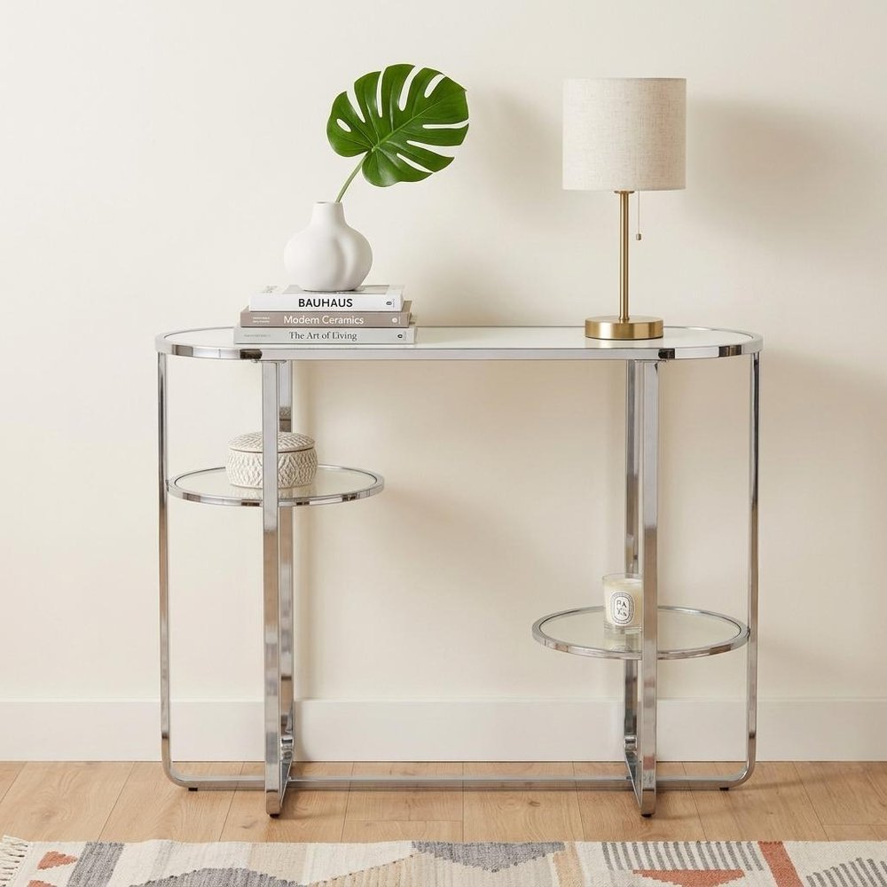 42" Silver Mirrored Glass and Iron Oval Cross Leg Console Table With Two Shelves HomeRoots