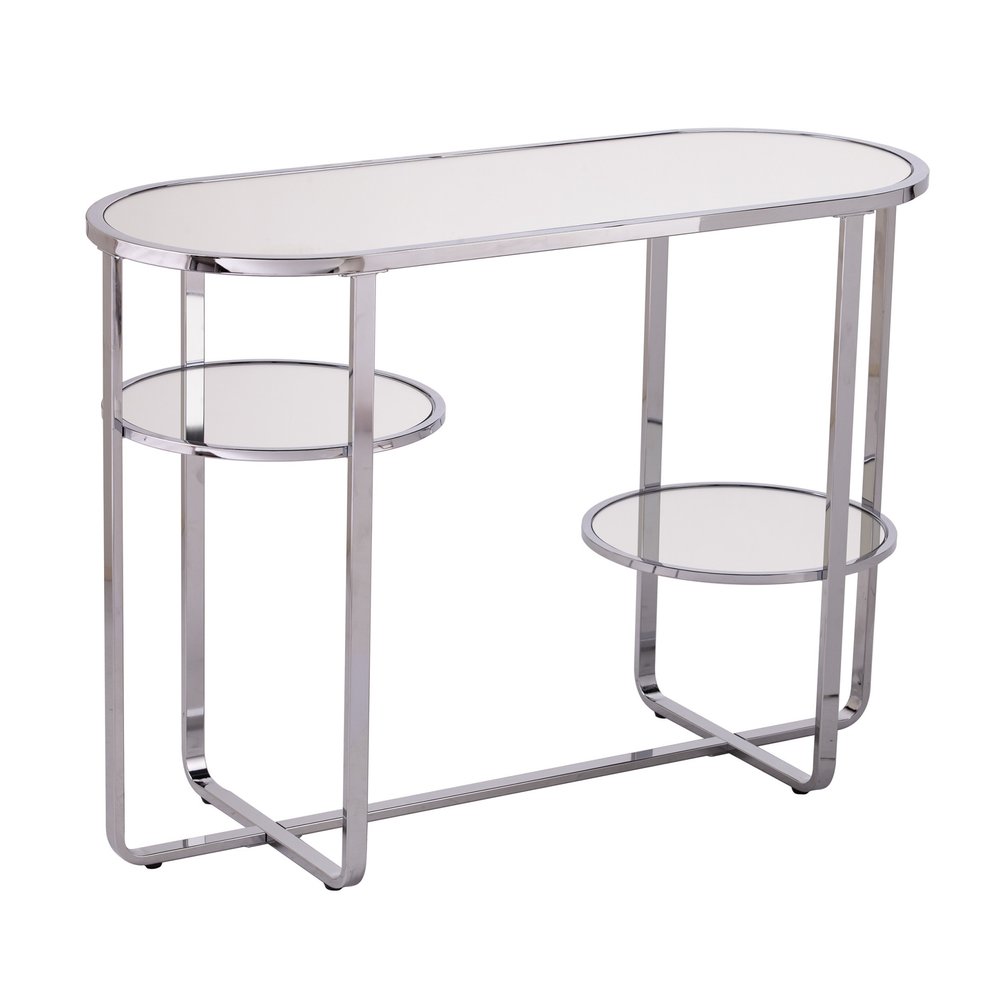 42" Silver Mirrored Glass and Iron Oval Cross Leg Console Table With Two Shelves HomeRoots