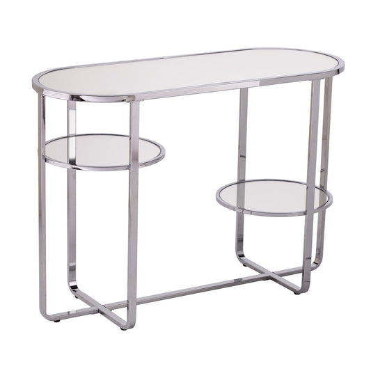 42" Silver Mirrored Glass and Iron Oval Cross Leg Console Table With Two Shelves HomeRoots