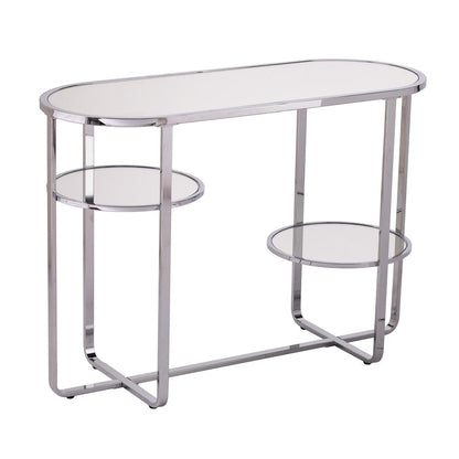 42" Silver Mirrored Glass and Iron Oval Cross Leg Console Table With Two Shelves HomeRoots