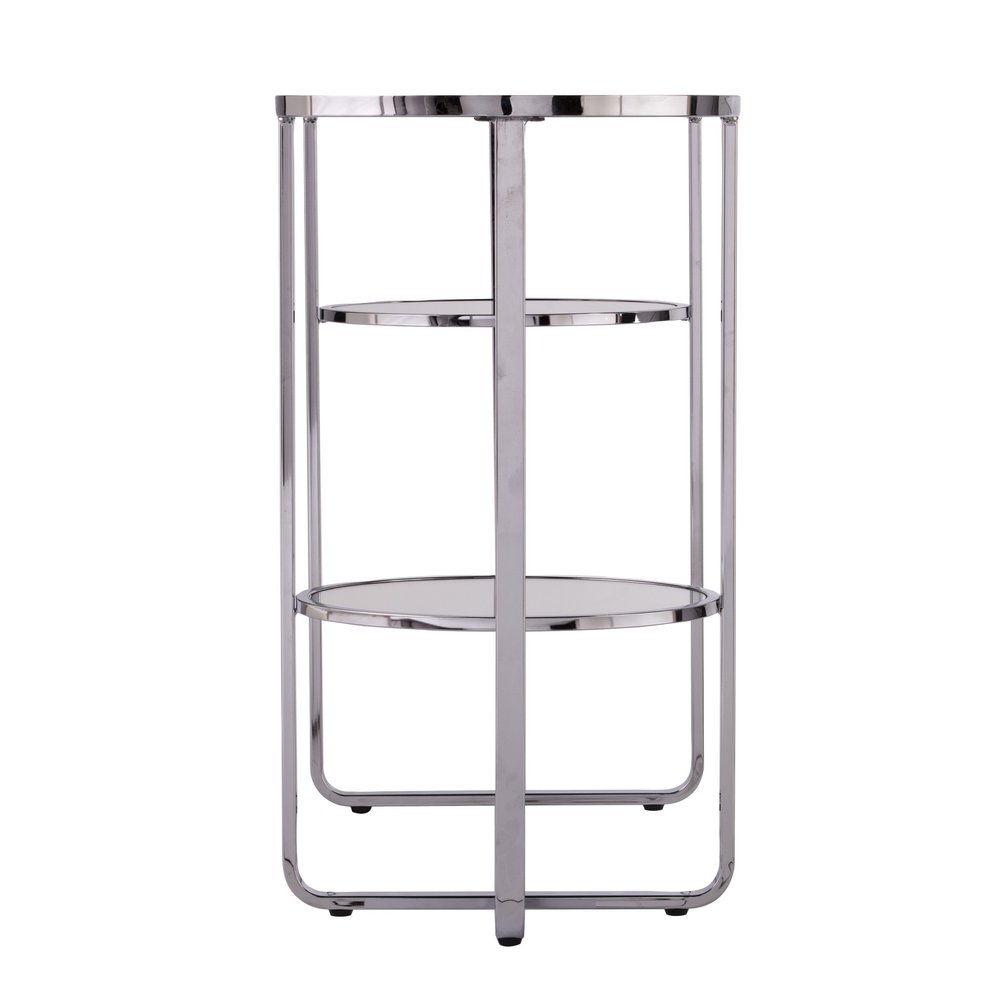 42" Silver Mirrored Glass and Iron Oval Cross Leg Console Table With Two Shelves HomeRoots