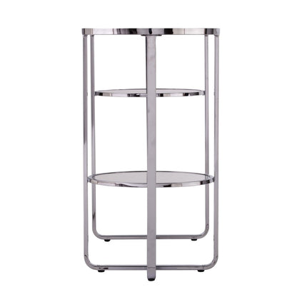 42" Silver Mirrored Glass and Iron Oval Cross Leg Console Table With Two Shelves HomeRoots