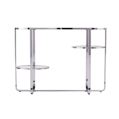 42" Silver Mirrored Glass and Iron Oval Cross Leg Console Table With Two Shelves HomeRoots