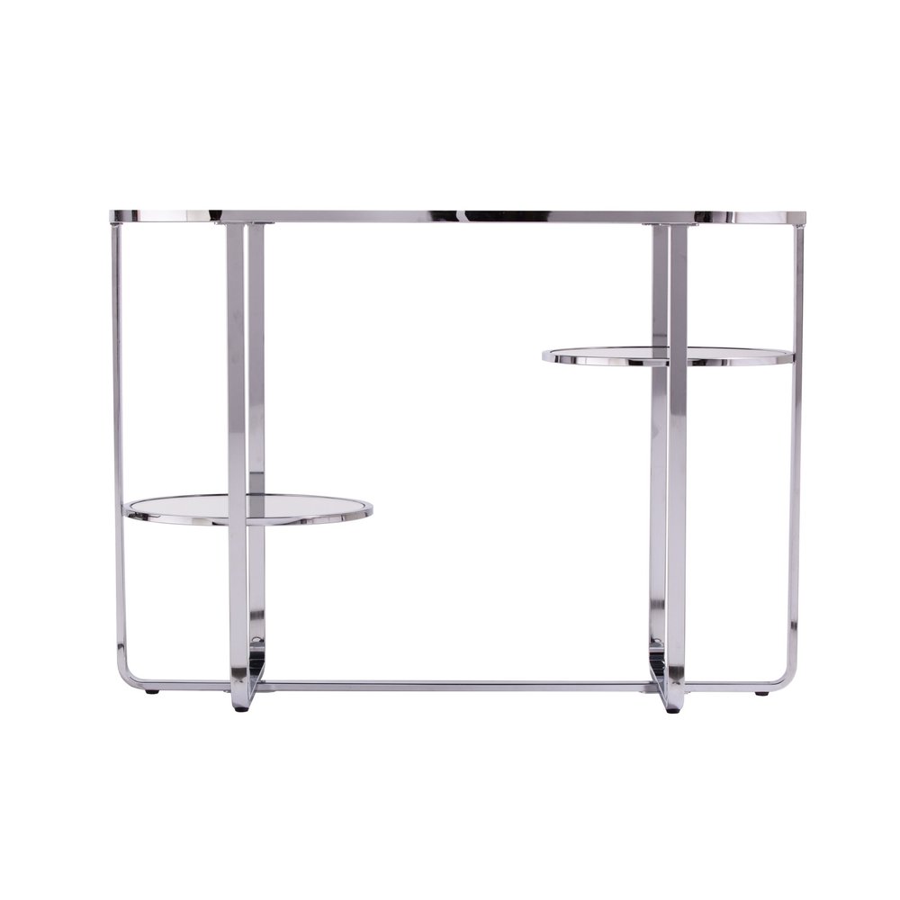 42" Silver Mirrored Glass and Iron Oval Cross Leg Console Table With Two Shelves HomeRoots